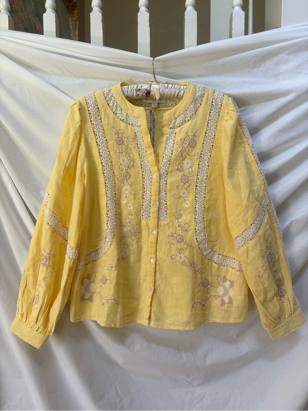 NWT Jennifer & Grace Yellow Embroidered Cotton Peasant Top S ~ New $89